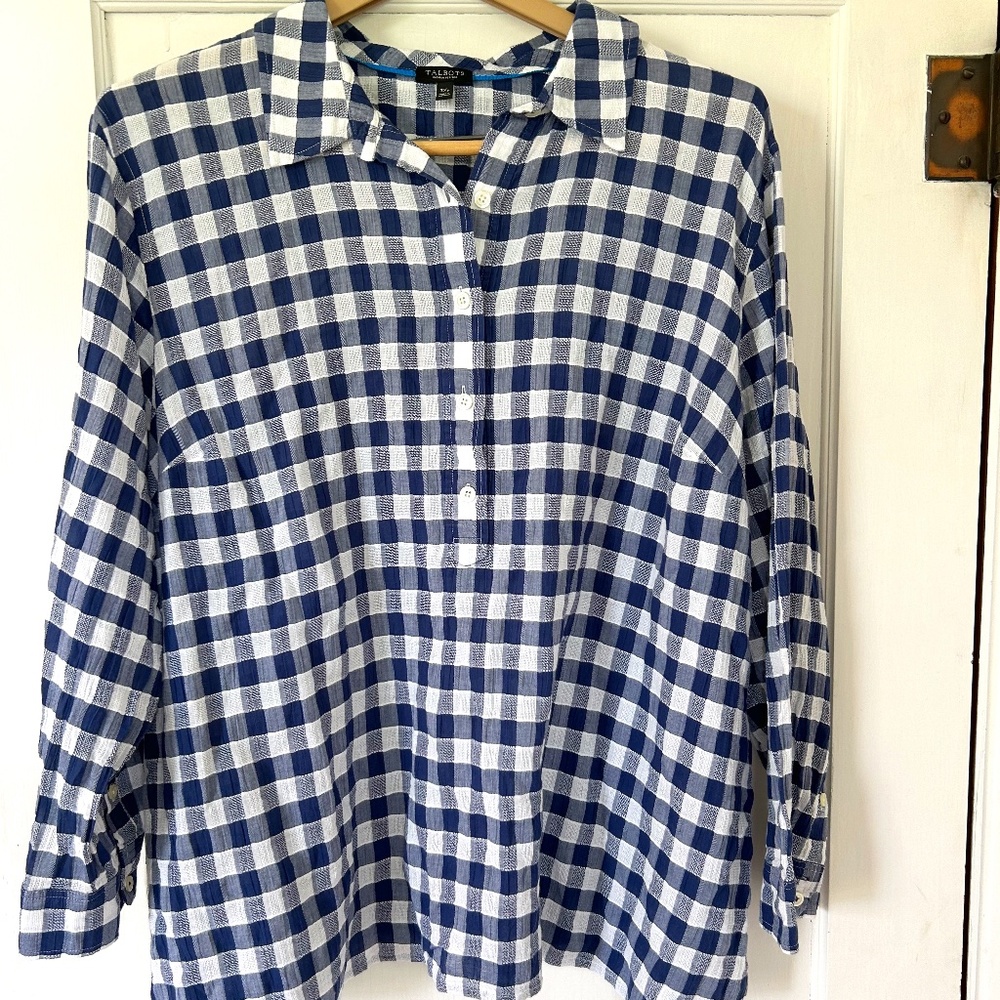 Women's TALBOTS Blue White Gingham Plaid Long Sleeve Shirt Tunic Button Top 3Xp - Picture 3 of 12